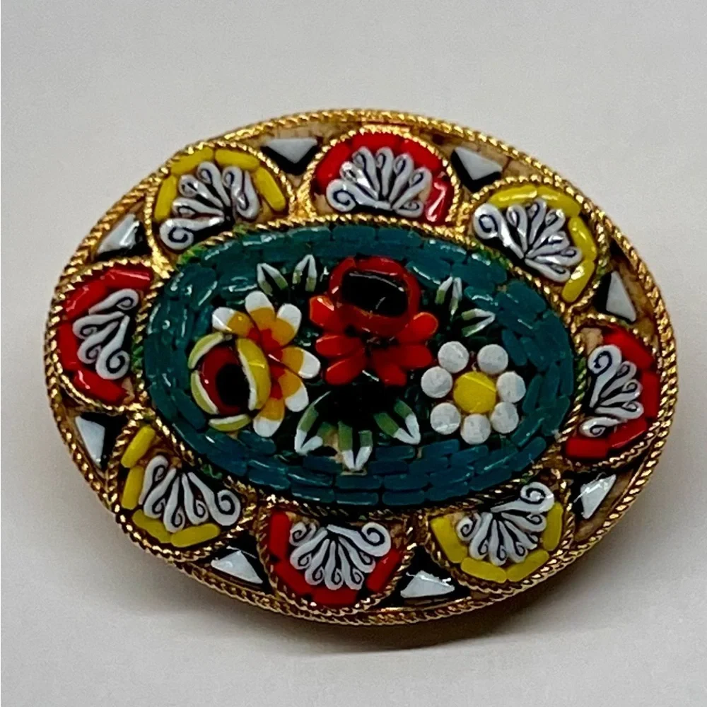 Micro-Mosaic Oval Floral Pin Brooch - Vintage Italian